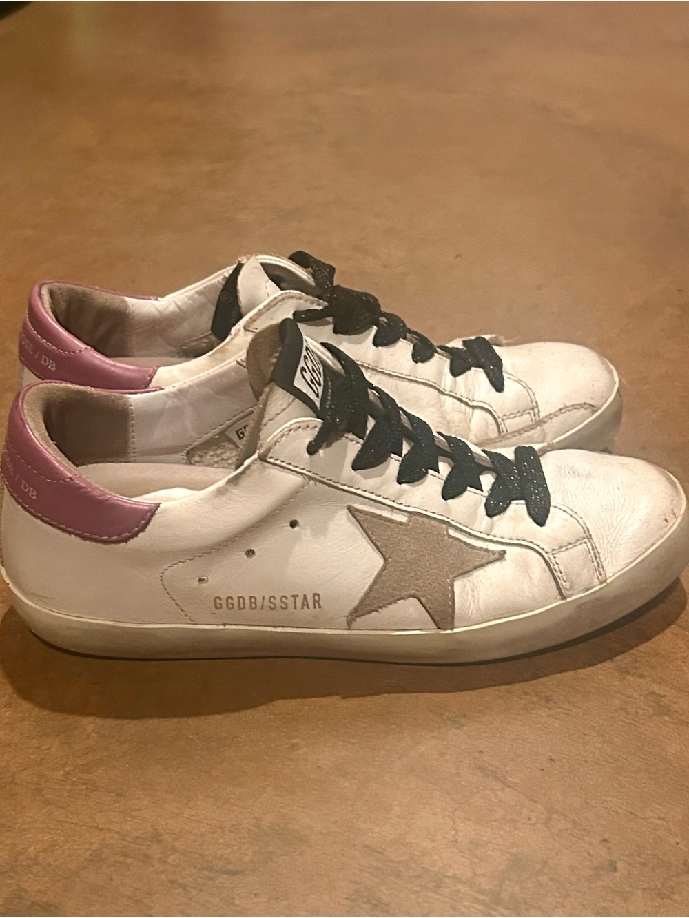 Golden Goose White Leather Sneakers with Pink Heel and Taupe Star